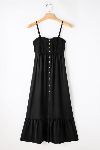 Elegant Black Buttoned Maxi Dress with Smocked Front Slit