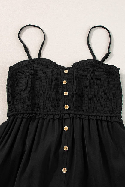 Elegant Black Buttoned Maxi Dress with Smocked Front Slit