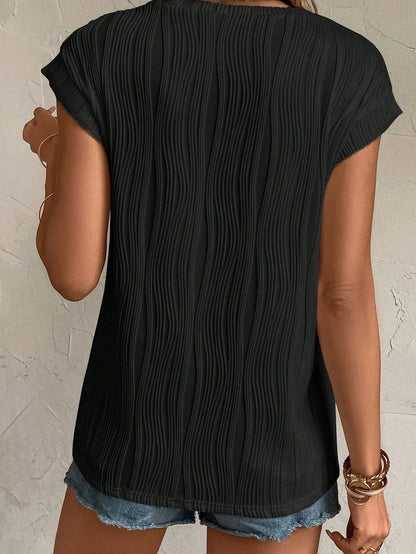 Elegant Black Cap Sleeve Textured Top with Wavy Design