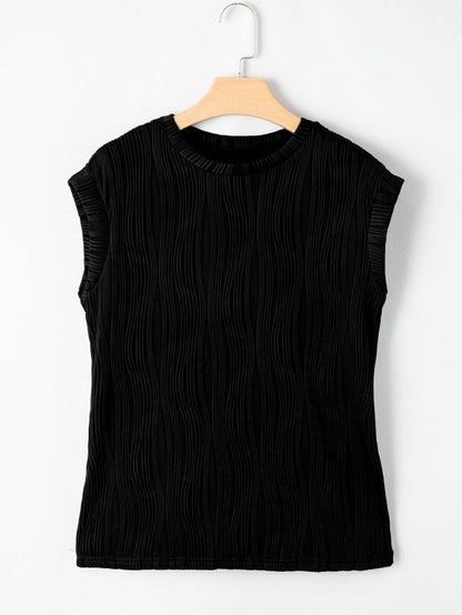 Elegant Black Cap Sleeve Textured Top with Wavy Design