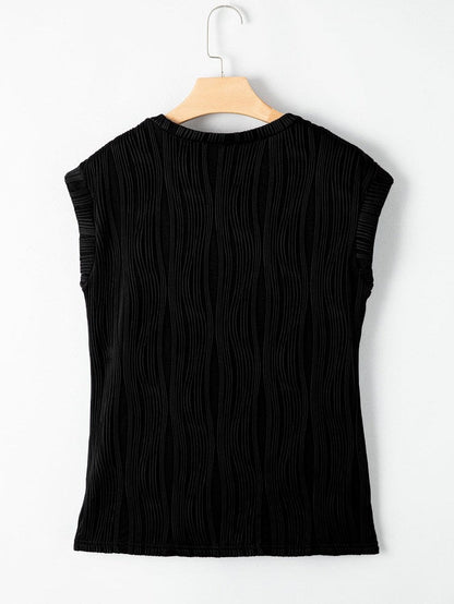 Elegant Black Cap Sleeve Textured Top with Wavy Design