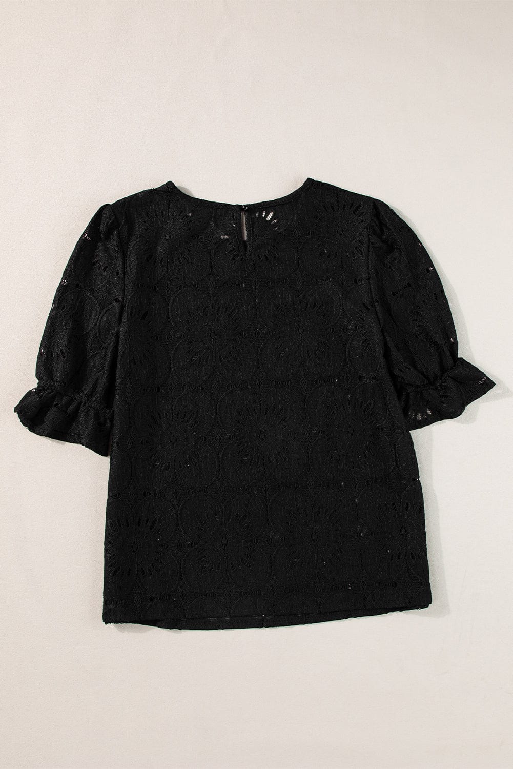 Elegant Black Eyelet Floral Jacquard Top with Keyhole Back
