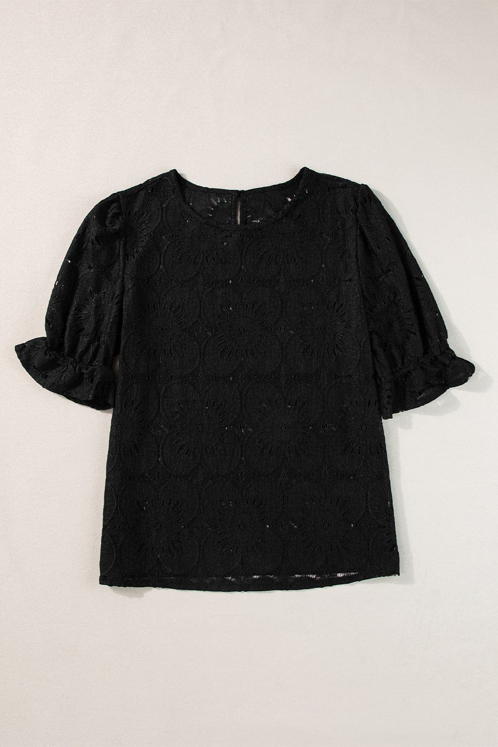 Elegant Black Eyelet Floral Jacquard Top with Keyhole Back