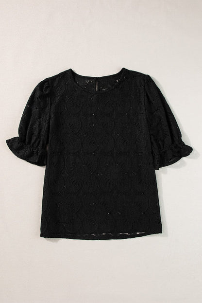 Elegant Black Eyelet Floral Jacquard Top with Keyhole Back