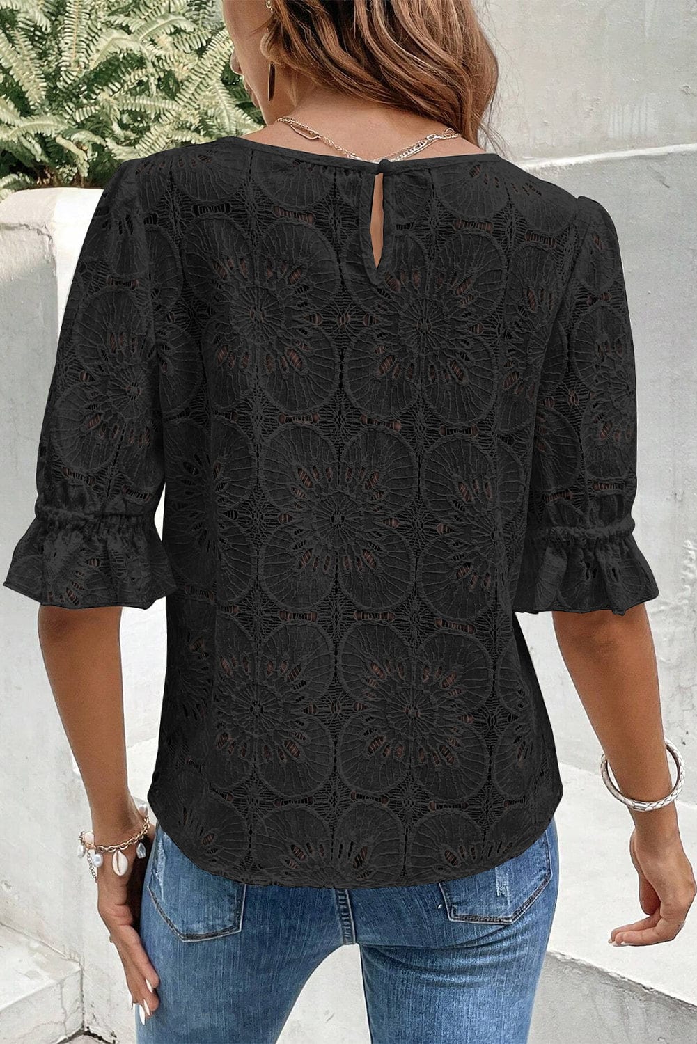 Elegant Black Eyelet Floral Jacquard Top with Keyhole Back