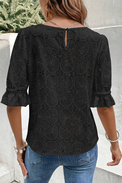 Elegant Black Eyelet Floral Jacquard Top with Keyhole Back