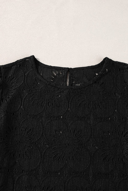 Elegant Black Eyelet Floral Jacquard Top with Keyhole Back