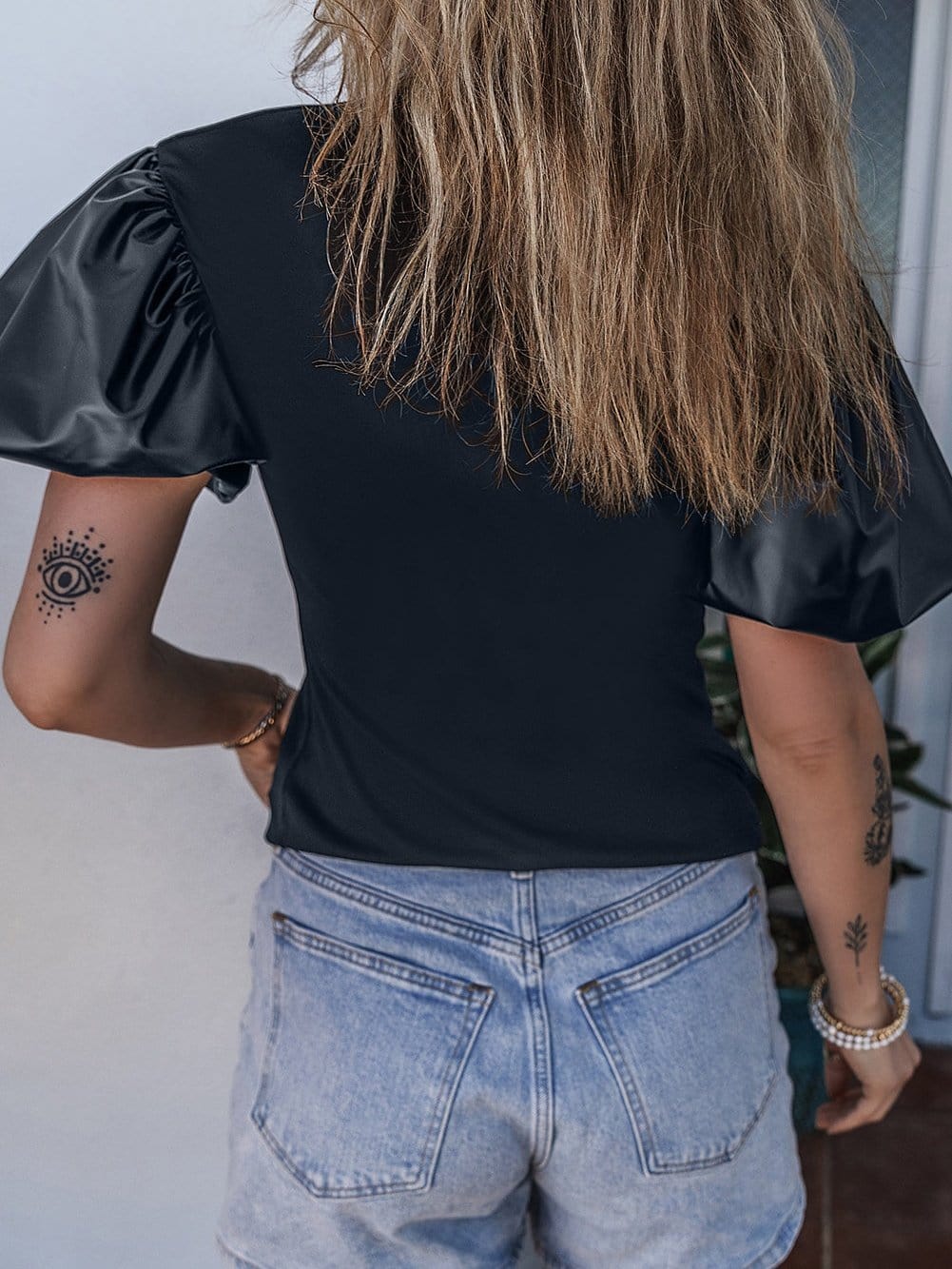 Elegant Black Faux Leather Puff Sleeve Top with Stand Neck