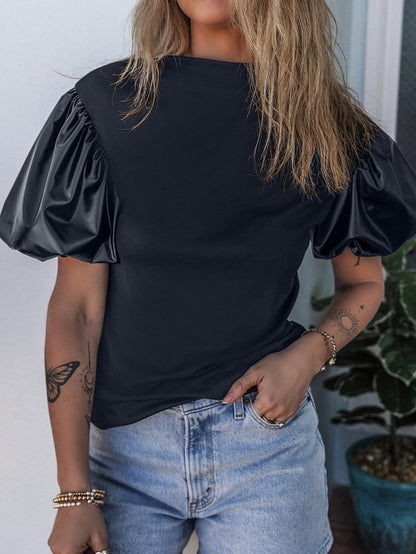 Elegant Black Faux Leather Puff Sleeve Top with Stand Neck