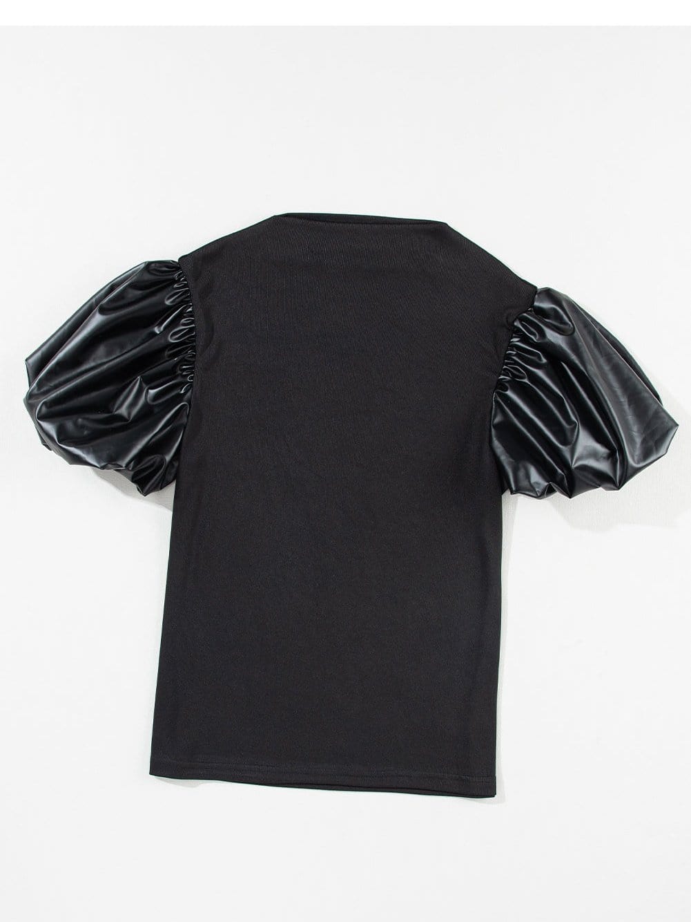 Elegant Black Faux Leather Puff Sleeve Top with Stand Neck