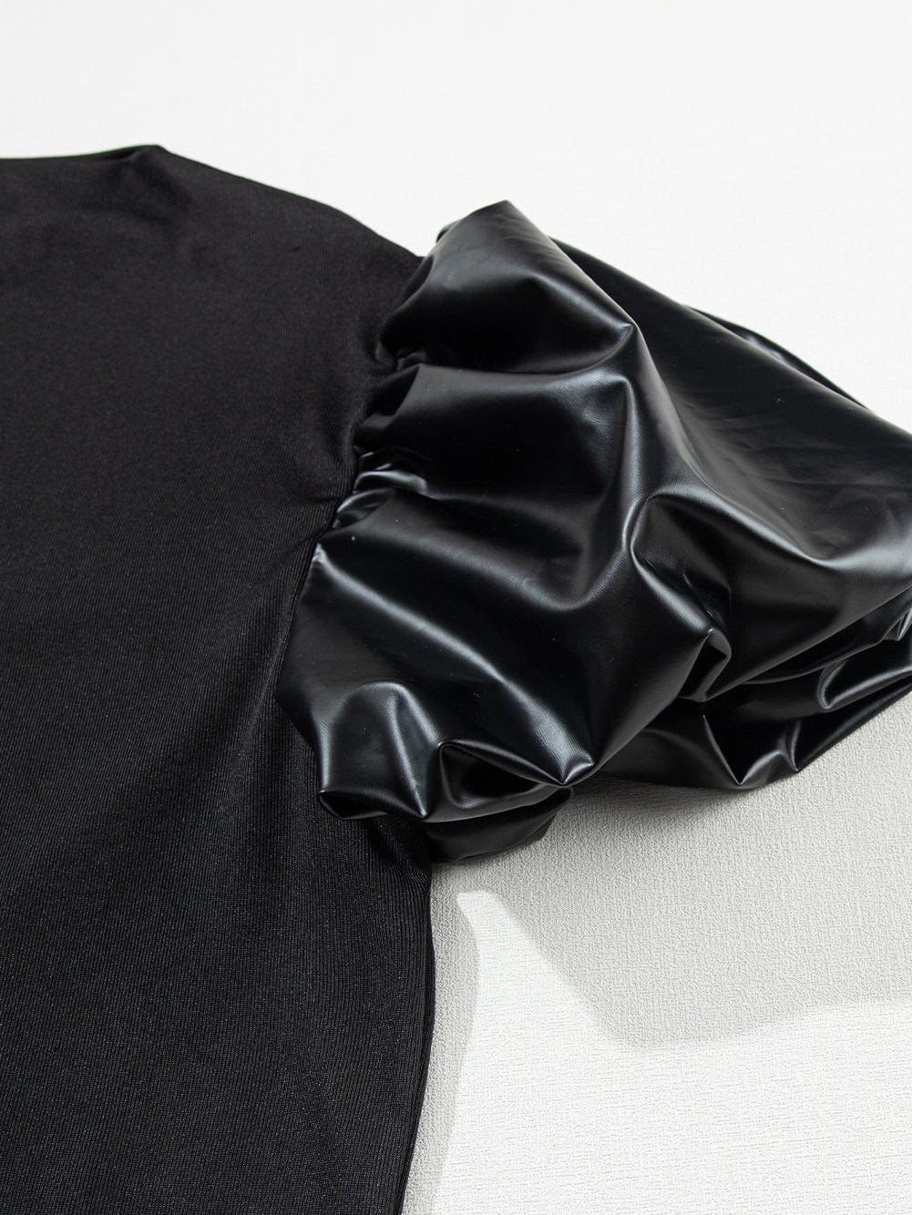 Elegant Black Faux Leather Puff Sleeve Top with Stand Neck