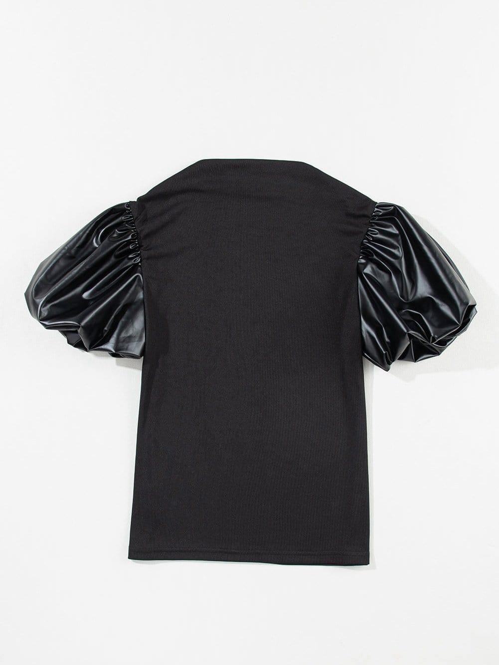 Elegant Black Faux Leather Puff Sleeve Top with Stand Neck