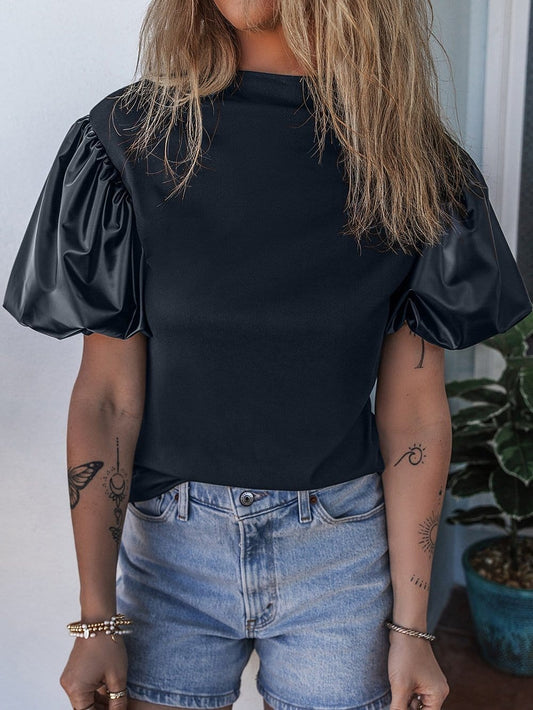 Elegant Black Faux Leather Puff Sleeve Top with Stand Neck