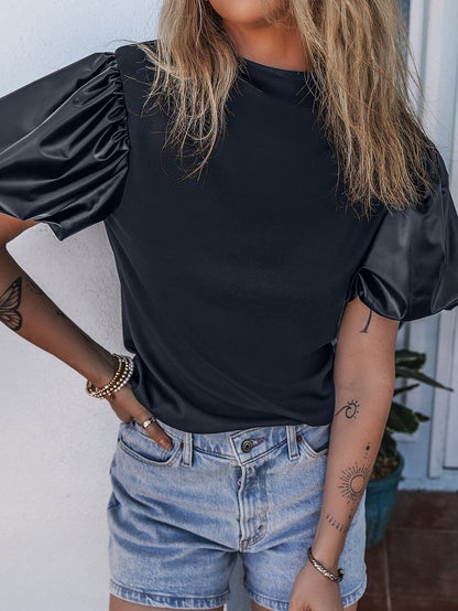 Elegant Black Faux Leather Puff Sleeve Top with Stand Neck