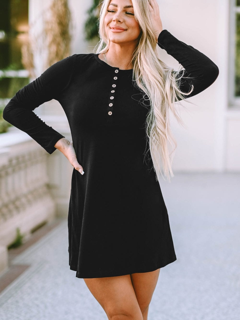 Elegant Black Flared Sleeve Henley Mini Dress