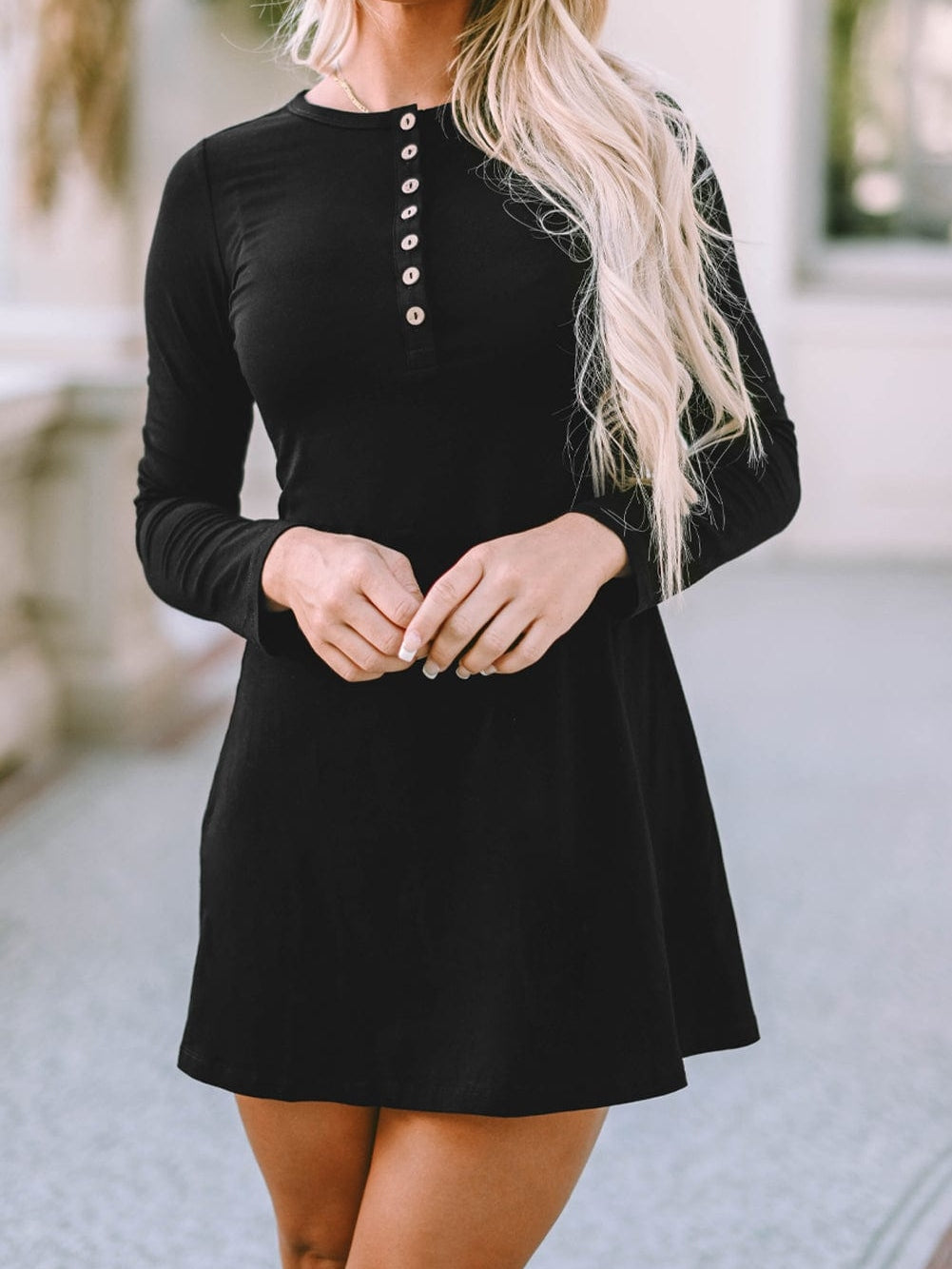 Elegant Black Flared Sleeve Henley Mini Dress