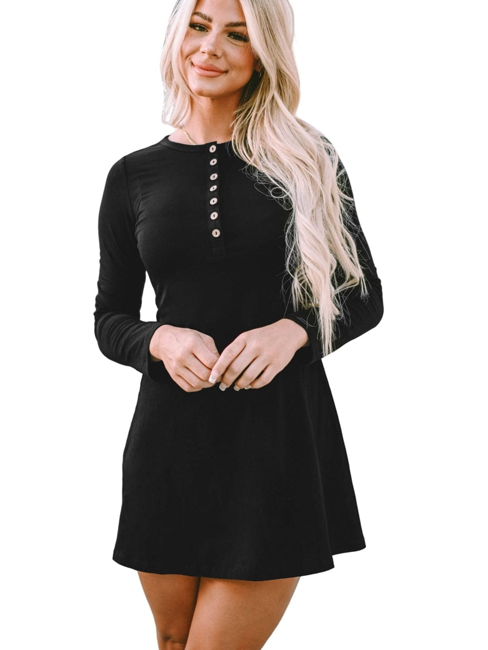 Elegant Black Flared Sleeve Henley Mini Dress