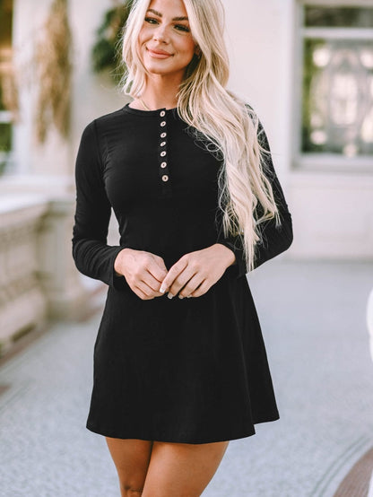 Elegant Black Flared Sleeve Henley Mini Dress