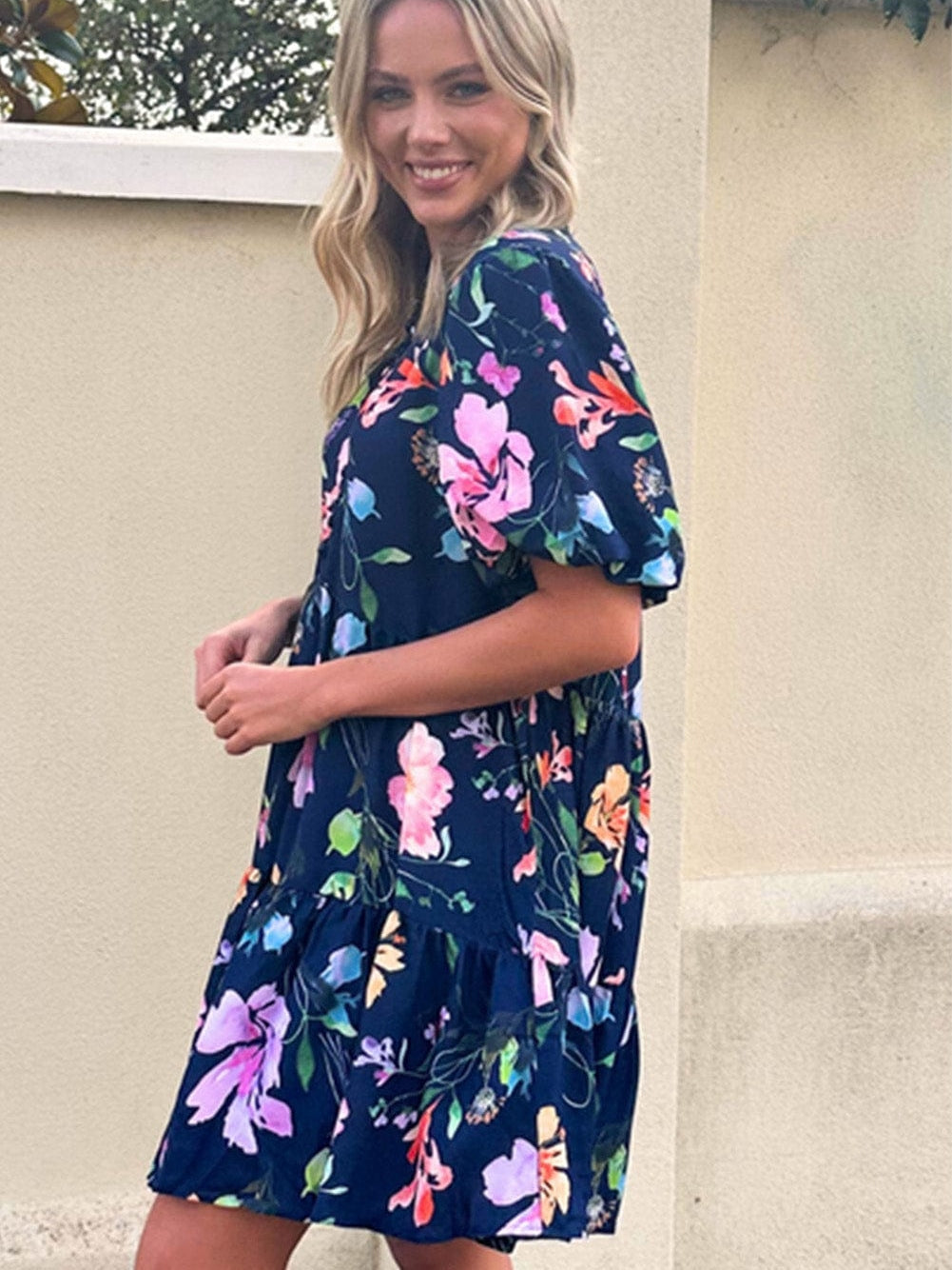 Elegant Black Floral Bubble Sleeve A-Line Dress with Mandarin Collar