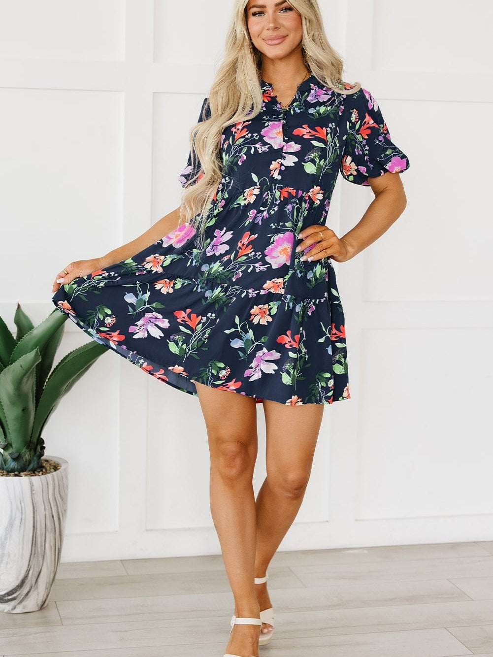 Elegant Black Floral Bubble Sleeve A-Line Dress with Mandarin Collar
