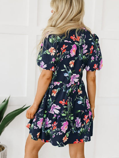 Elegant Black Floral Bubble Sleeve A-Line Dress with Mandarin Collar