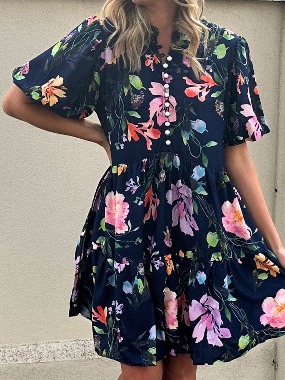 Elegant Black Floral Bubble Sleeve A-Line Dress with Mandarin Collar