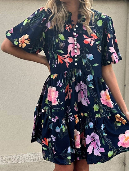 Elegant Black Floral Bubble Sleeve A-Line Dress with Mandarin Collar