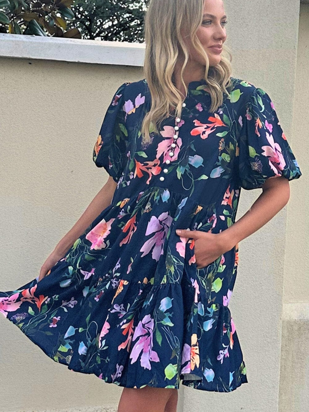 Elegant Black Floral Bubble Sleeve A-Line Dress with Mandarin Collar