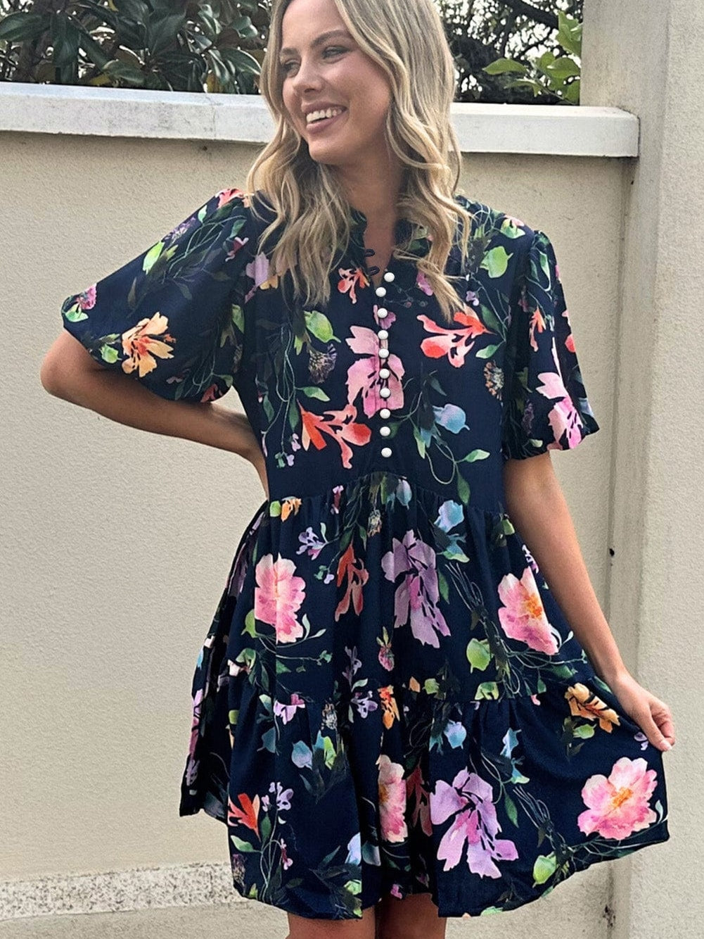 Elegant Black Floral Bubble Sleeve A-Line Dress with Mandarin Collar