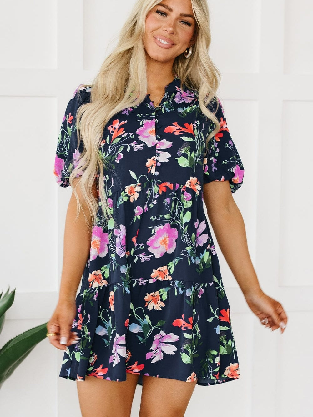 Elegant Black Floral Bubble Sleeve A-Line Dress with Mandarin Collar