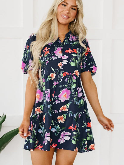 Elegant Black Floral Bubble Sleeve A-Line Dress with Mandarin Collar