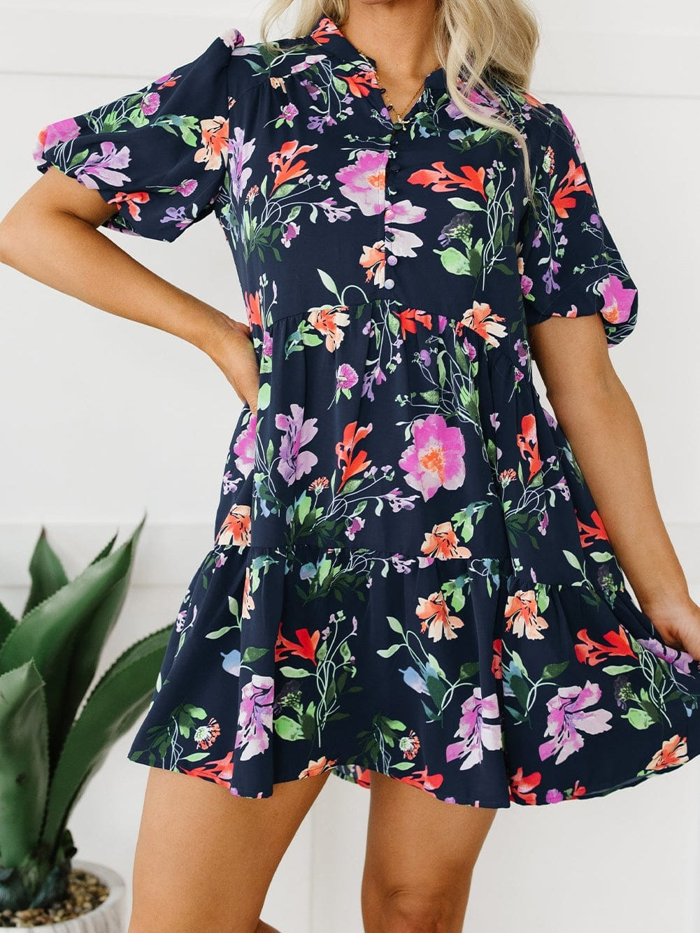 Elegant Black Floral Bubble Sleeve A-Line Dress with Mandarin Collar