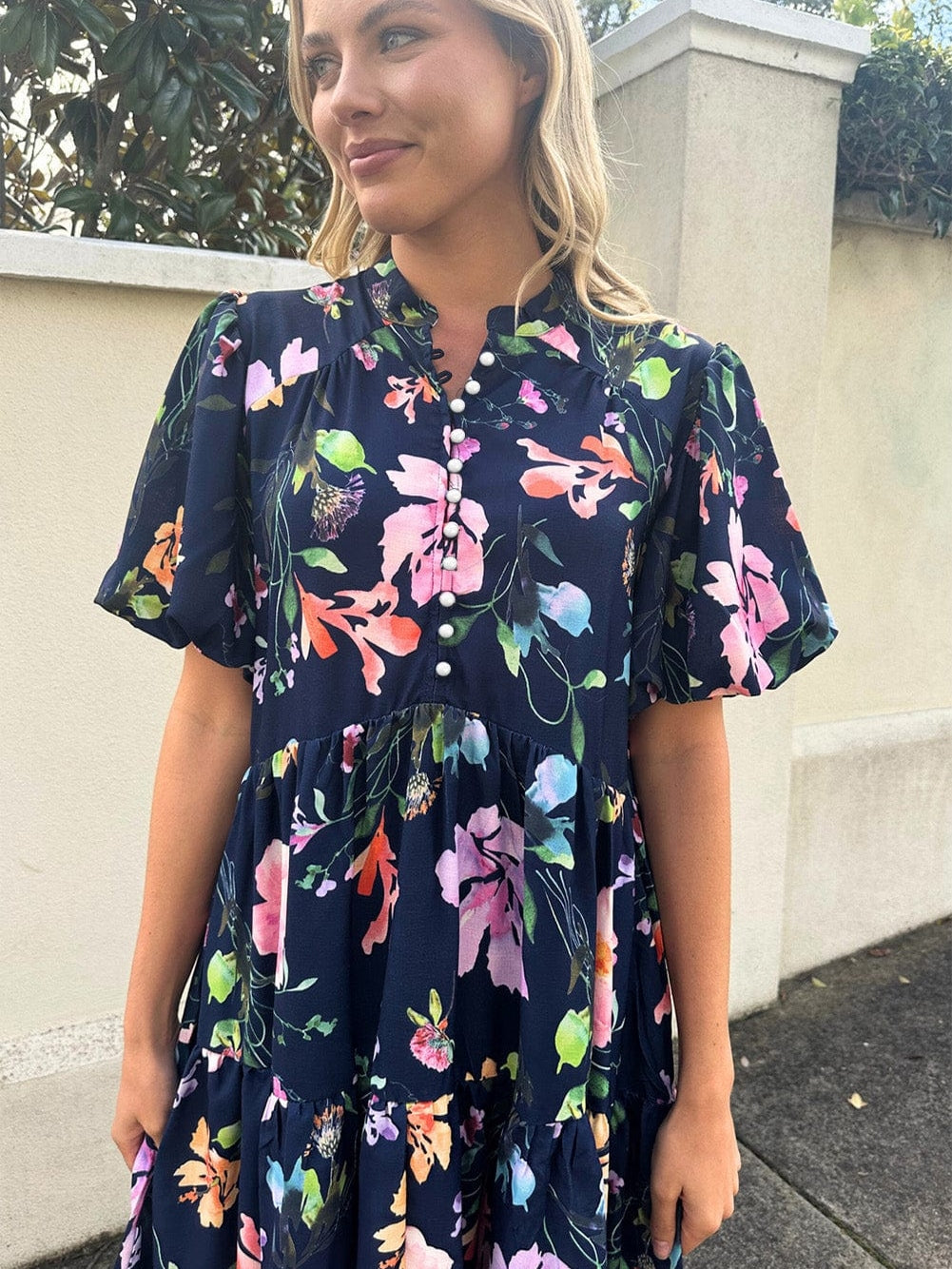 Elegant Black Floral Bubble Sleeve A-Line Dress with Mandarin Collar