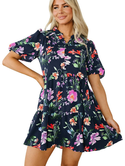 Elegant Black Floral Bubble Sleeve A-Line Dress with Mandarin Collar