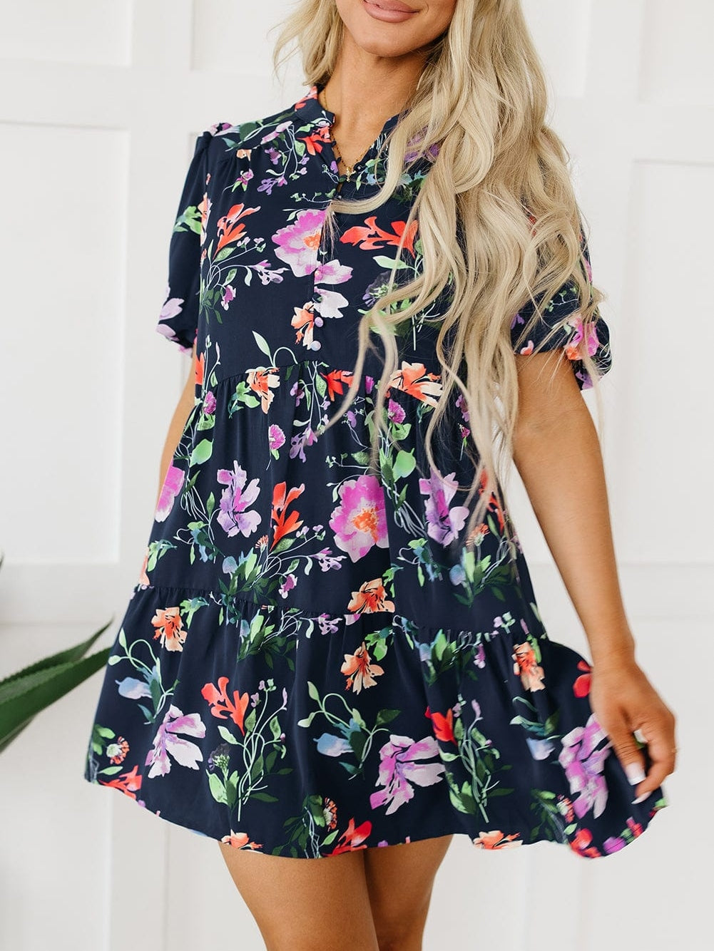 Elegant Black Floral Bubble Sleeve A-Line Dress with Mandarin Collar