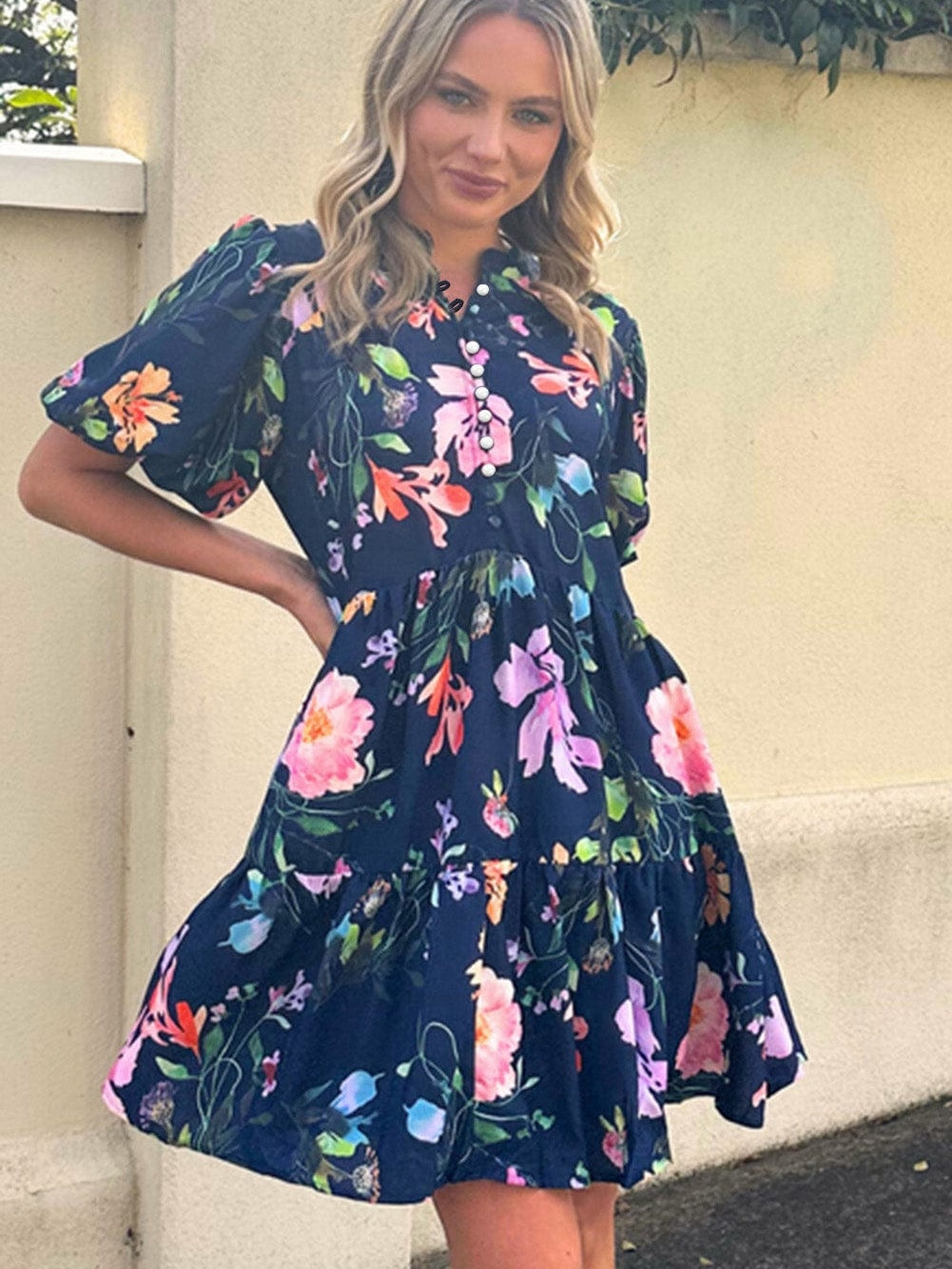 Elegant Black Floral Bubble Sleeve A-Line Dress with Mandarin Collar
