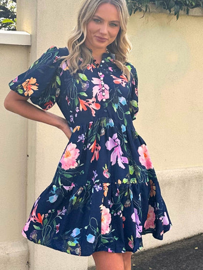 Elegant Black Floral Bubble Sleeve A-Line Dress with Mandarin Collar