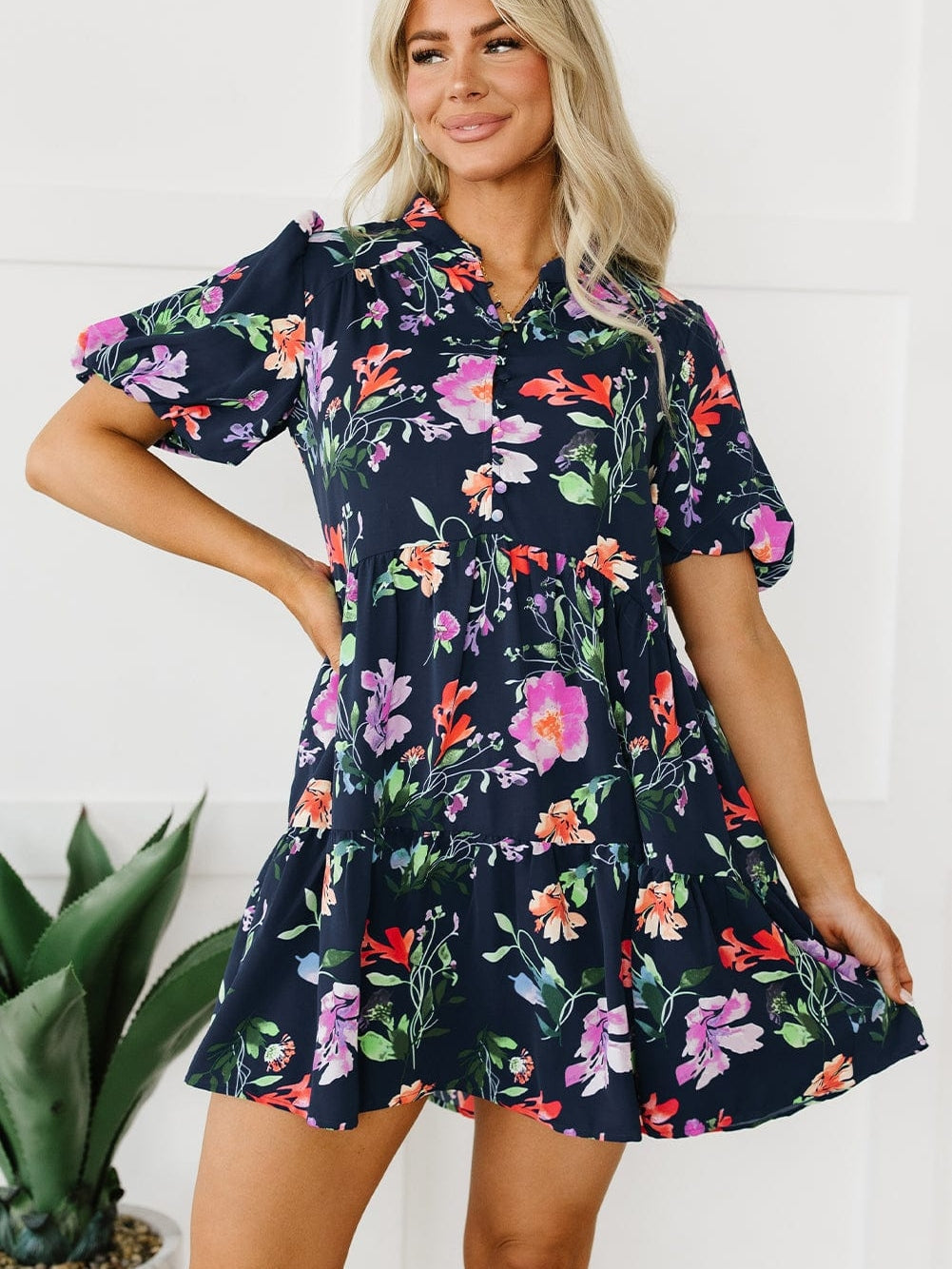 Elegant Black Floral Bubble Sleeve A-Line Dress with Mandarin Collar