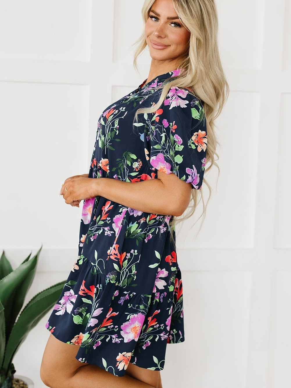 Elegant Black Floral Bubble Sleeve A-Line Dress with Mandarin Collar