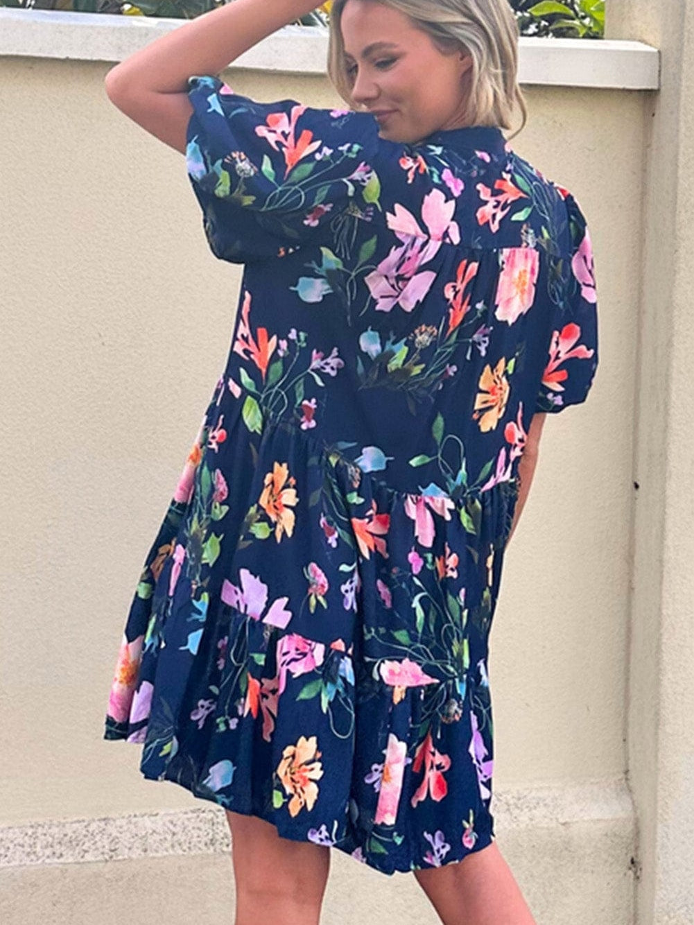 Elegant Black Floral Bubble Sleeve A-Line Dress with Mandarin Collar