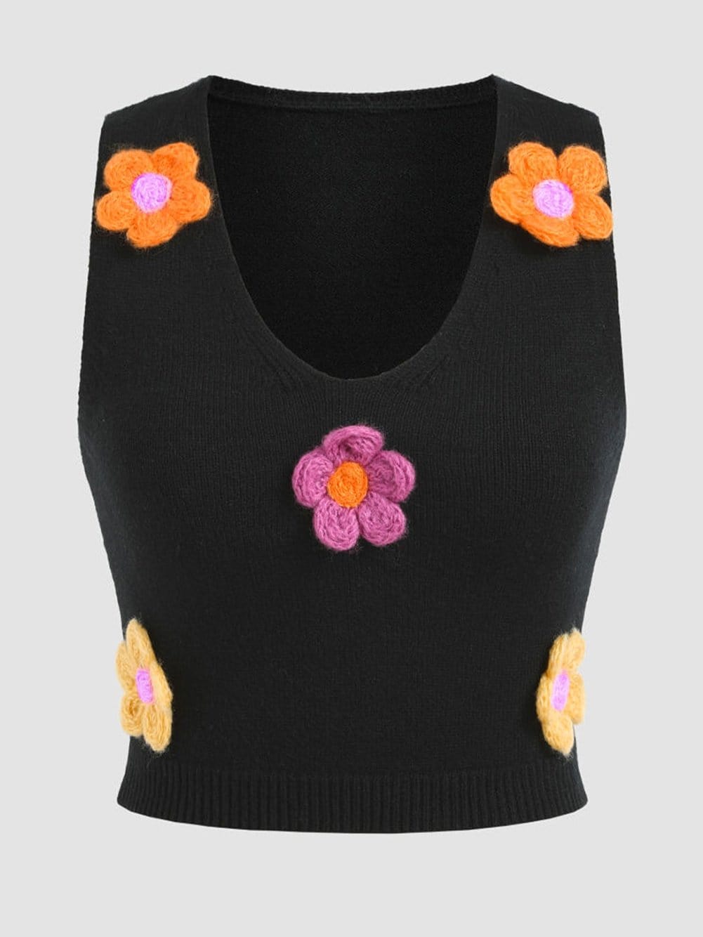 Elegant Black Floral Embroidered Sleeveless Vest Sweater