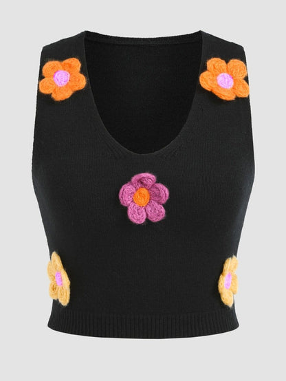 Elegant Black Floral Embroidered Sleeveless Vest Sweater