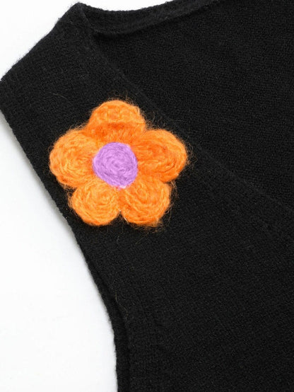 Elegant Black Floral Embroidered Sleeveless Vest Sweater