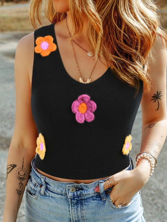Elegant Black Floral Embroidered Sleeveless Vest Sweater