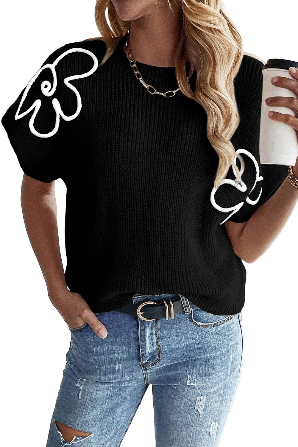 Elegant Black Floral Embroidered Sweater Top