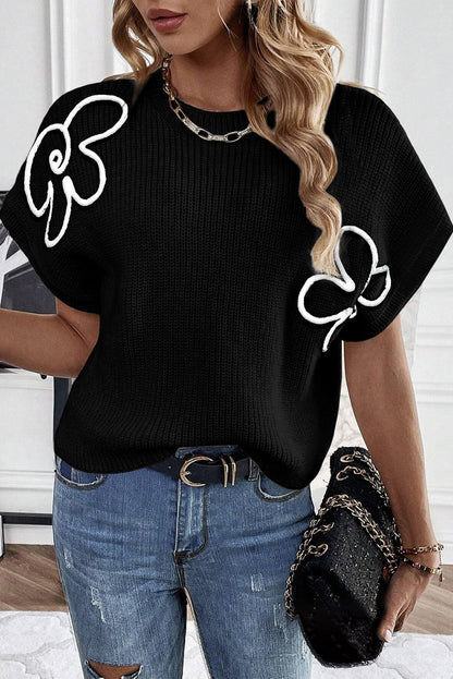 Elegant Black Floral Embroidered Sweater Top