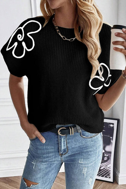 Elegant Black Floral Embroidered Sweater Top