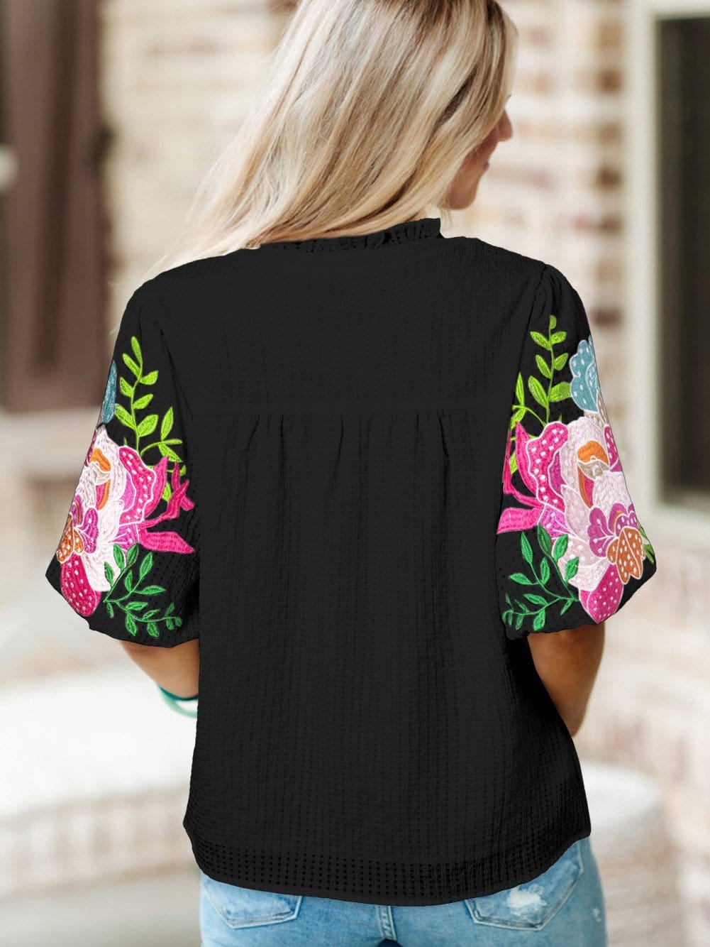Elegant Black Floral Embroidered V-Neck Puff Sleeve Blouse