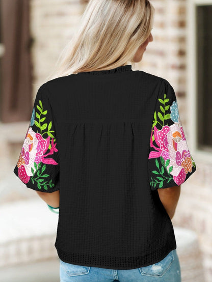 Elegant Black Floral Embroidered V-Neck Puff Sleeve Blouse