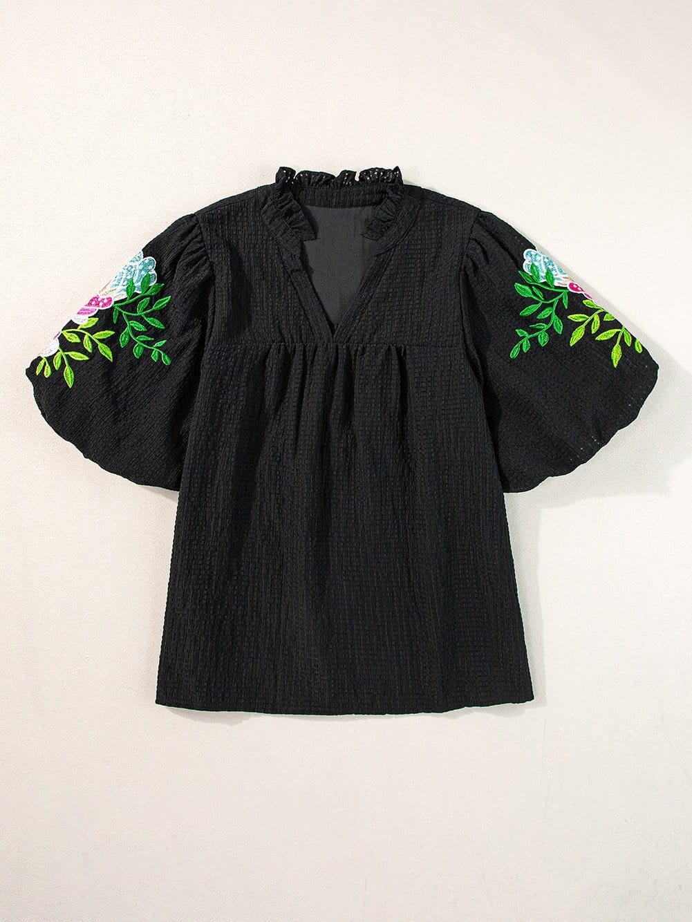 Elegant Black Floral Embroidered V-Neck Puff Sleeve Blouse